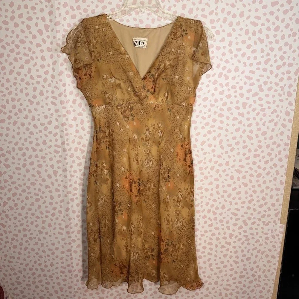 DBY Floral Brown Sheer Babydoll Flutter Sleeve‎ Dress Y2K Fairy Grunge 6 S VTG